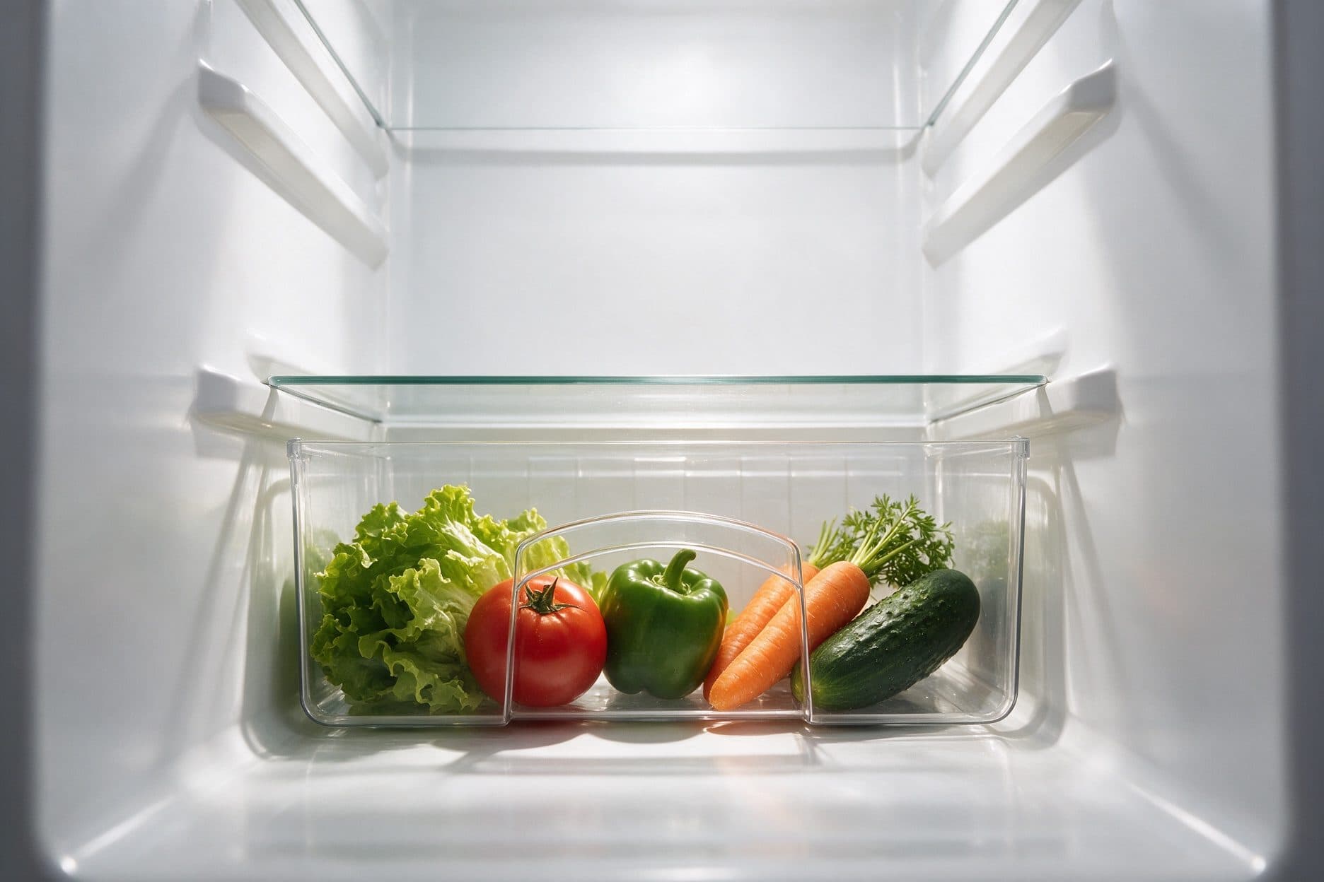 A clear plastic crisper drawer with an arched centre handle holds lettuce, a tomato, a green pepper, two carrots and a cucumber under a glass shelf inside a white refrigerator.