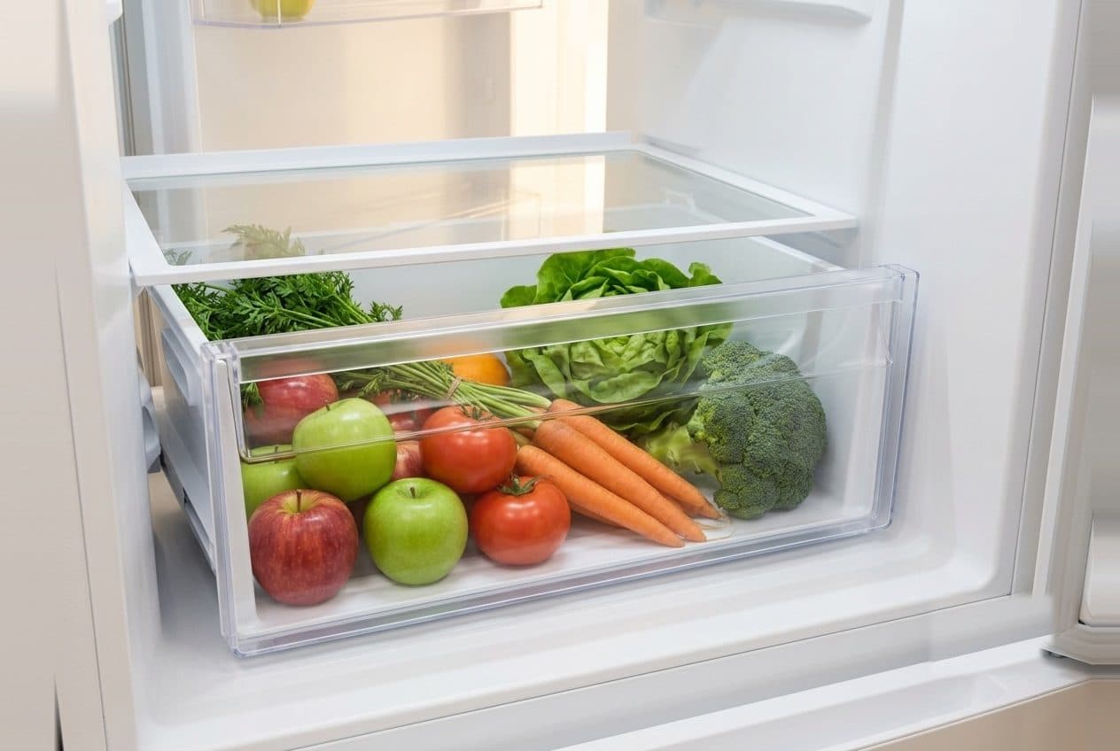 A clear crisper drawer, pulled forward on its runners at the bottom of an open white fridge, holds apples, tomatoes, carrots, a lettuce and broccoli under a glass shelf.