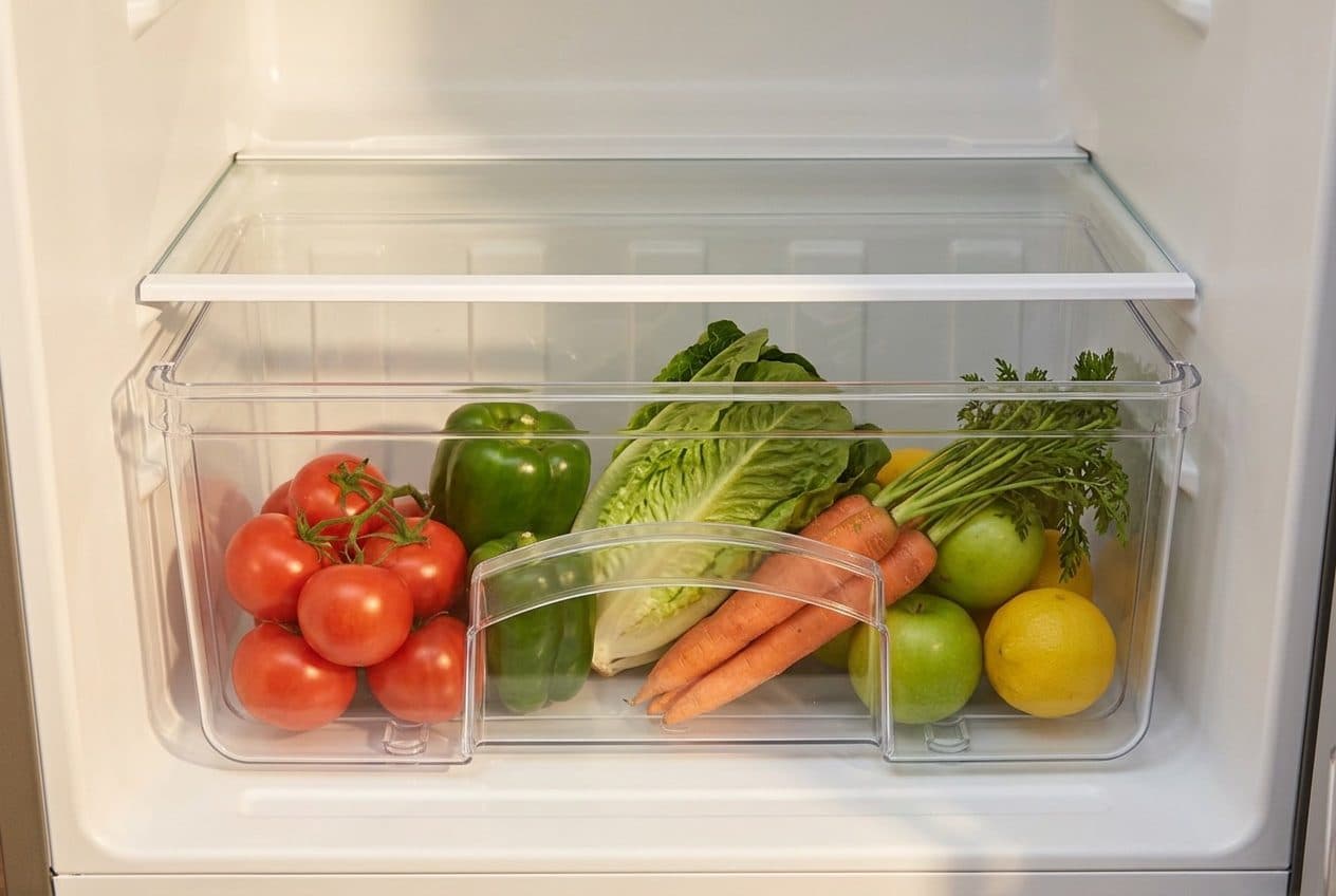 A clear fitted crisper drawer sits at the bottom of a white fridge interior under a glass shelf, filled with vine tomatoes, green peppers, romaine lettuce, carrots, green apples and lemons.