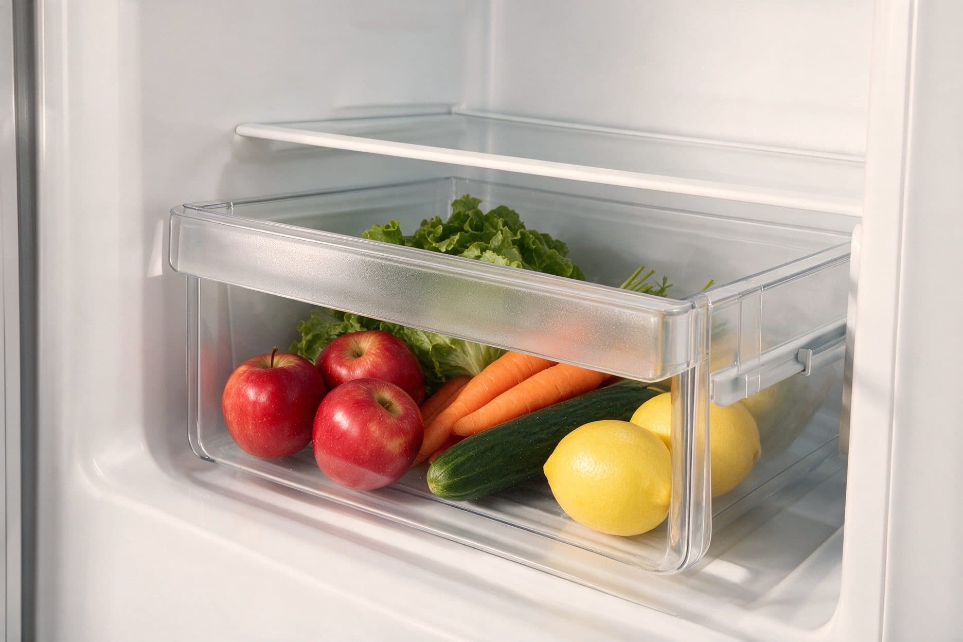 A clear crisper drawer filled with red apples, carrots, a cucumber, lemons and lettuce is pulled part-way out on its runners from the bottom of a white fridge interior, below a glass shelf.