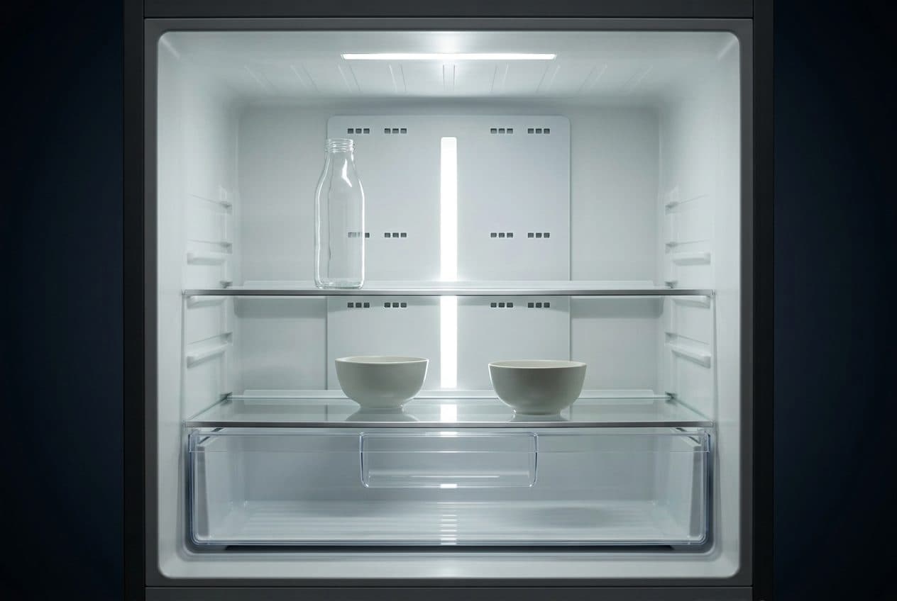 A dark-surrounded refrigerator interior with a white moulded liner is lit by a slim LED strip in the ceiling and a narrow vertical LED down the centre of the back wall, showing two glass shelves with silver trim, a glass bottle, two plain bowls and a full-width transparent crisper drawer below, all clearly visible to the lowest level.