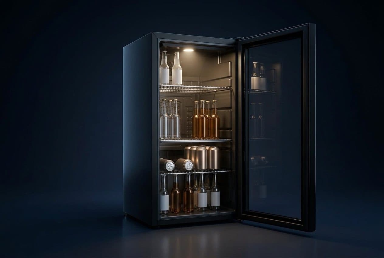 A black glass-door beverage cooler stands open on a dark navy studio floor with a soft reflection, a small LED at the top of the liner lighting the wire shelves of bottles and cans.