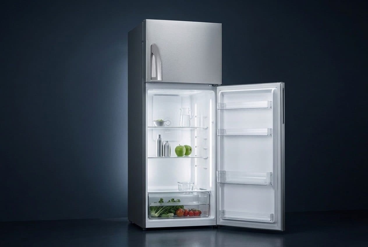 A tall stainless-steel top-freezer refrigerator stands in a dark navy studio with its right-hinged fridge door swung wide open, showing an evenly lit white interior with glass shelves, bottles, green apples, a water jug and a crisper drawer of greens and tomatoes, while the closed freezer door above carries a curved silver grip handle on its left.