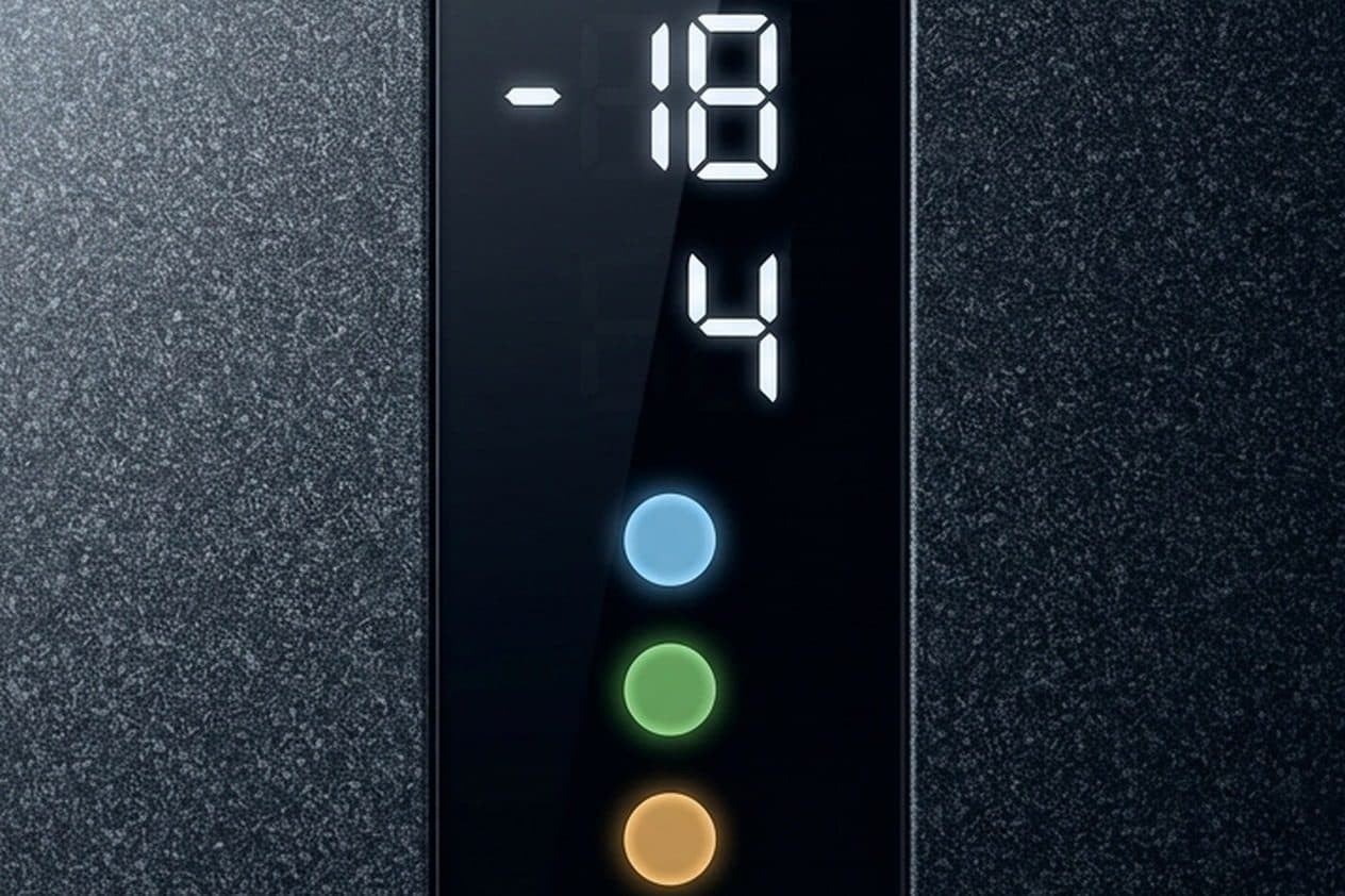 A close-up of a graphite speckled fridge door with a black glass display showing white seven-segment -18 and 4 above three softly glowing blue, green and amber dots.