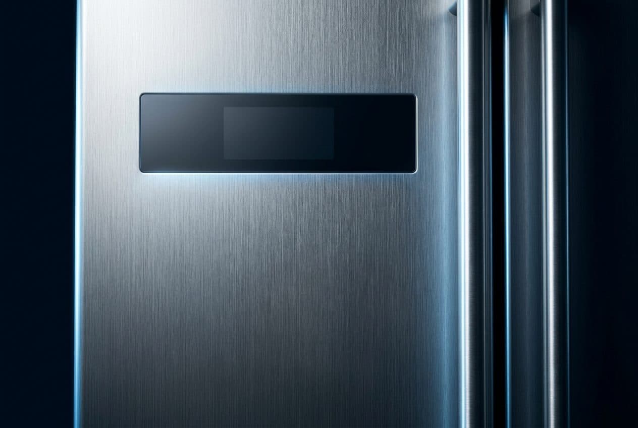 A close-up of the brushed-steel door of a side-by-side refrigerator shows a blank wide landscape display set high on the left door, lit by cool blue edge glow against a near-black background, with the vertical door handles visible at the right edge.