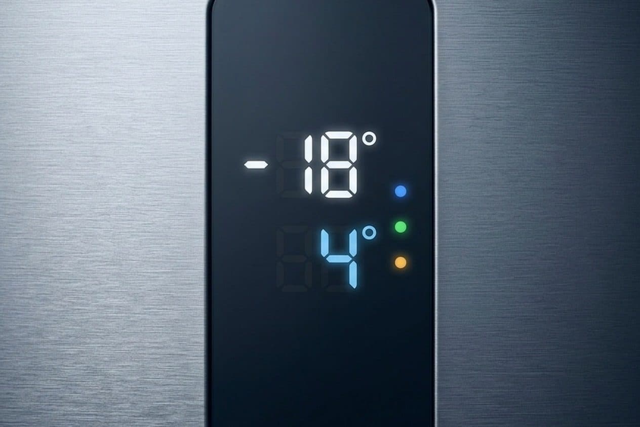 A close-up of a brushed-silver fridge door with a tall dark display window in the centre showing glowing white -18° and ice-blue 4° seven-segment temperatures beside three small blue, green and amber indicator dots.