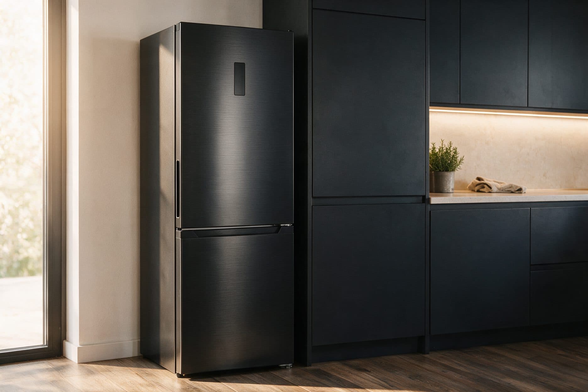 A black brushed-metal bottom-mount refrigerator stands in the sunlit corner of a warm kitchen, flush against dark cabinetry, with a blank control indent at the top of the door and a recessed vertical handle on its hinge-opposite edge.