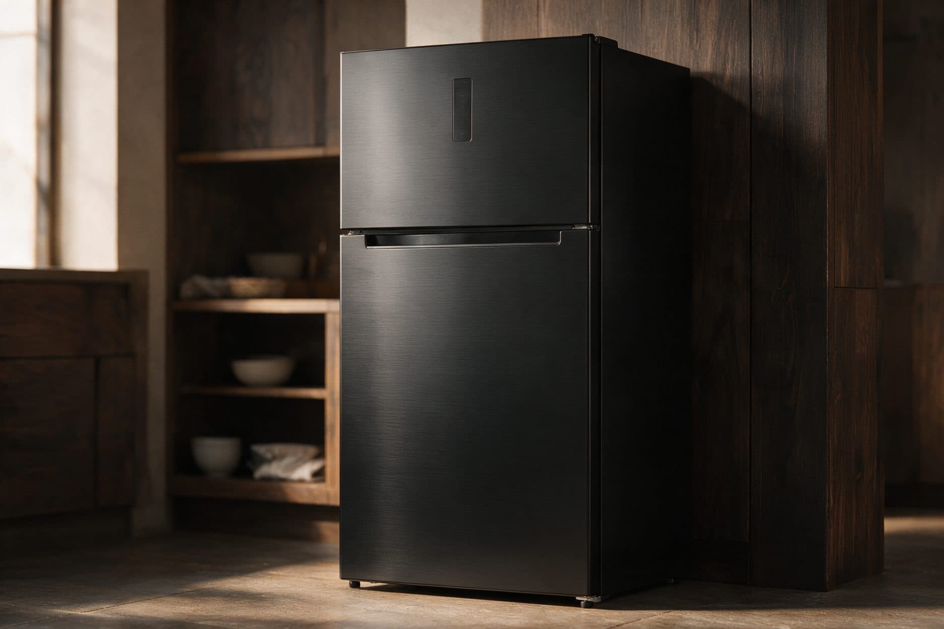 A black satin-finish top-mount refrigerator stands in a warm wood-paneled kitchen, lit by soft daylight from a window, beside dark wooden shelves holding bowls.
