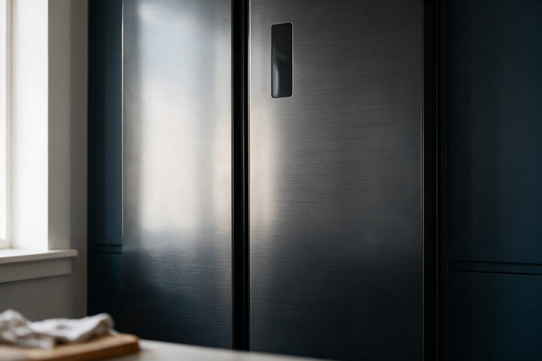 A black-inox side-by-side refrigerator stands against dark cabinetry in a daylit kitchen, its brushed-metal doors catching warm window light, with a wood cutting board resting on the counter in the foreground.