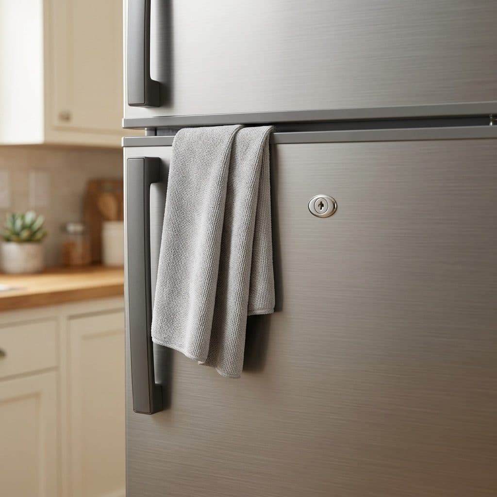 A folded grey microfibre cloth hangs over the top edge of a brushed stainless-steel fridge door, beside a dark-grey vertical bar handle and a small round key lock, with a warm kitchen counter softly blurred on the left.