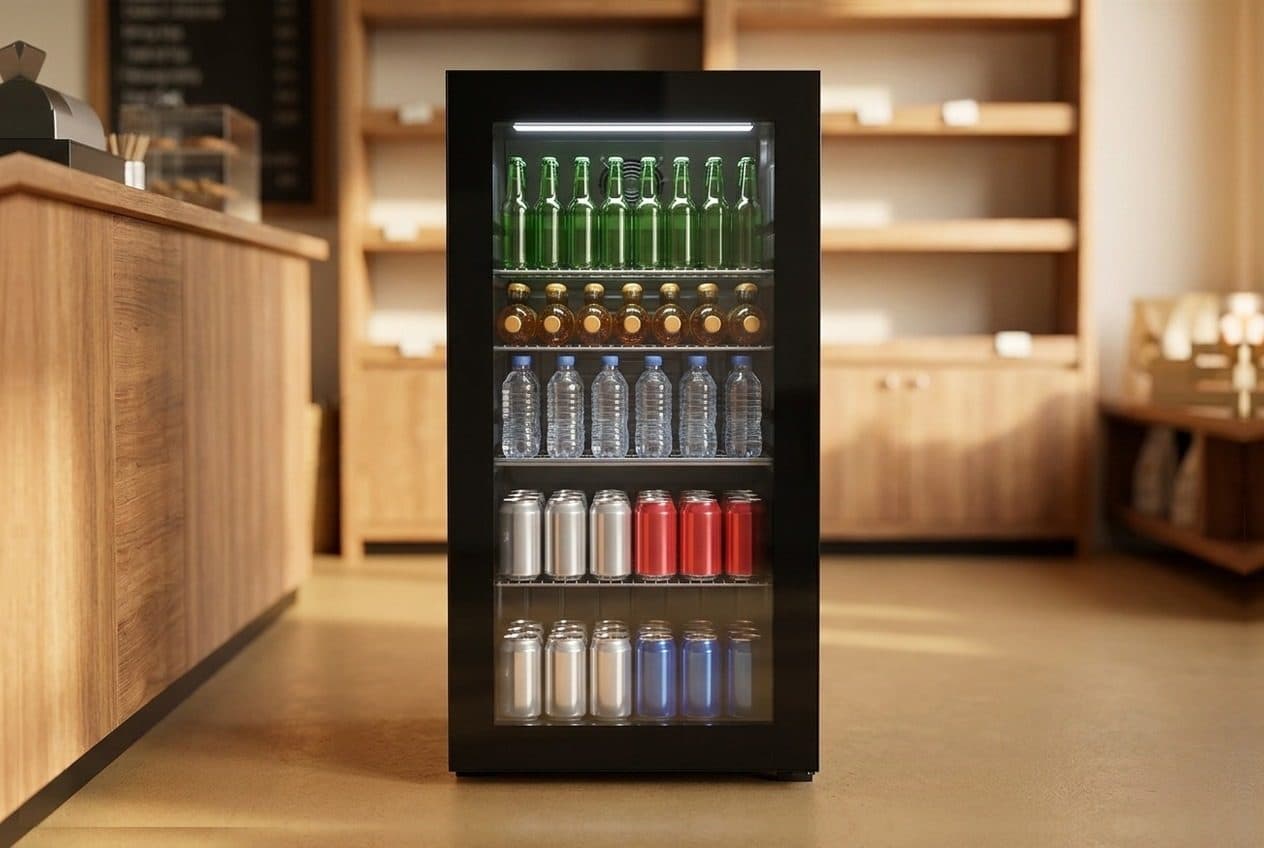 A black single-door glass beverage cooler stands front-on on a warm tan floor in a wooden shop, its interior lit and five tiers stocked with green bottles, amber bottles, water bottles and silver, red and blue cans, beside a wooden counter with wooden shelving behind.