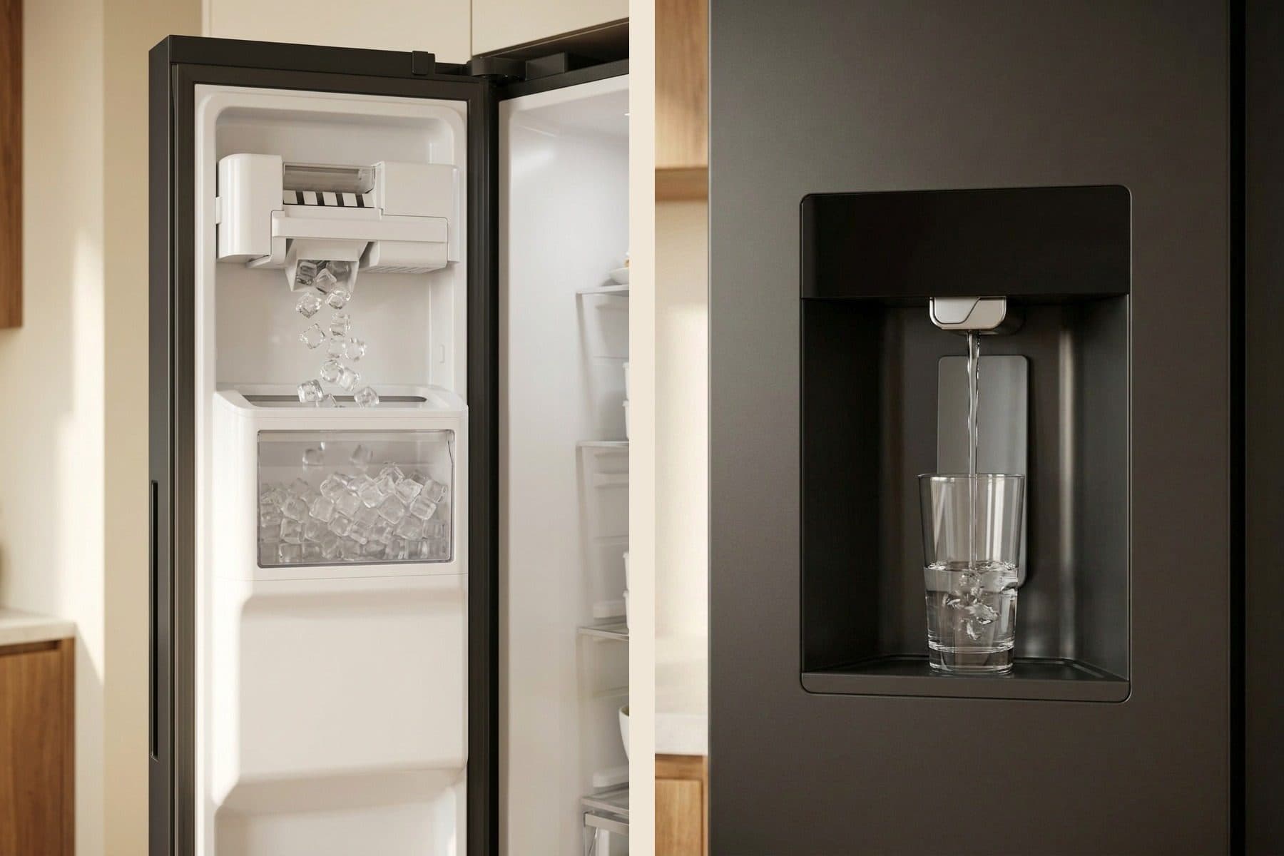 On the left, the opened left door of a dark side-by-side fridge shows an ice maker dropping cubes into a clear bin; on the right, a close-up of the door shows a recessed dark dispenser pouring water into a glass of ice that is pressed against its grey paddle.