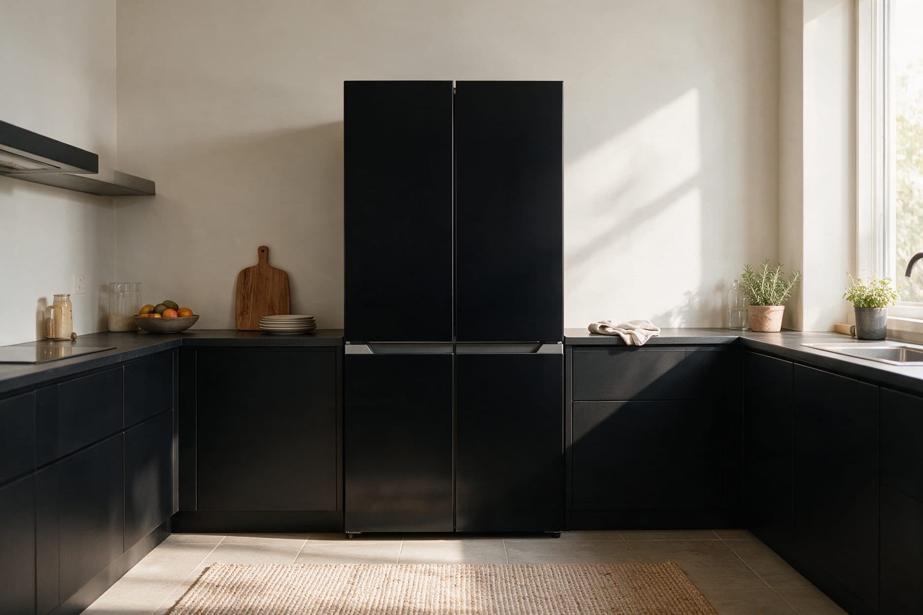 A black four-door slot-in refrigerator sits flush between matching dark kitchen cabinetry in warm morning light.