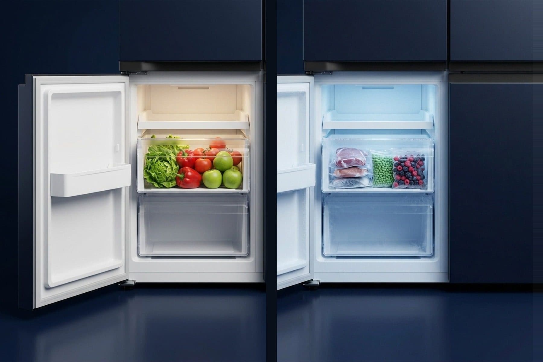 A split view of the same lower compartment of a dark-navy four-door fridge on a lit navy studio floor: warm-lit with lettuce, tomatoes, peppers and apples in the clear drawer on the left, ice-blue with frozen meat, peas and berries in the same drawer on the right.