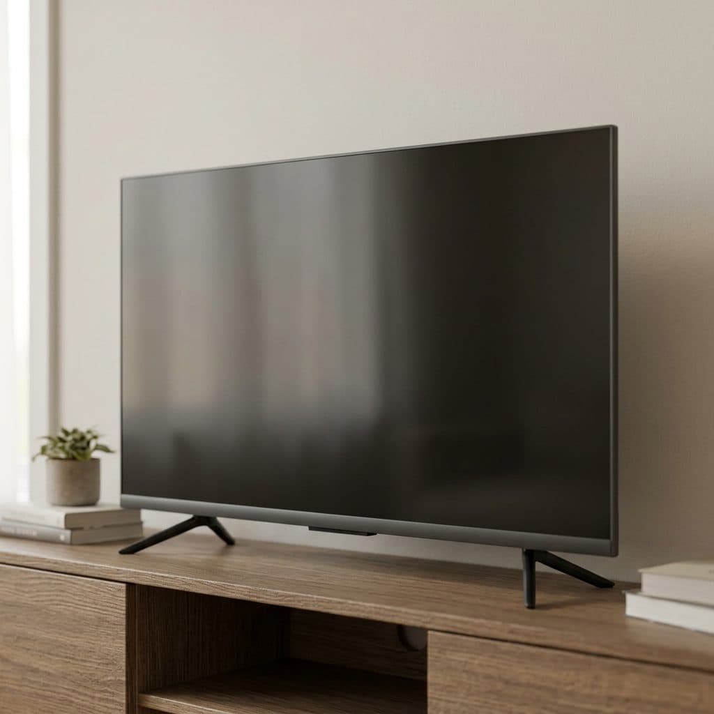 A slim dark-bezel frameless TV on angled black legs sits on a warm wood console with a plant and stacked books, softly lit by daylight, cropped safely inside the banner band with no text or logos anywhere.