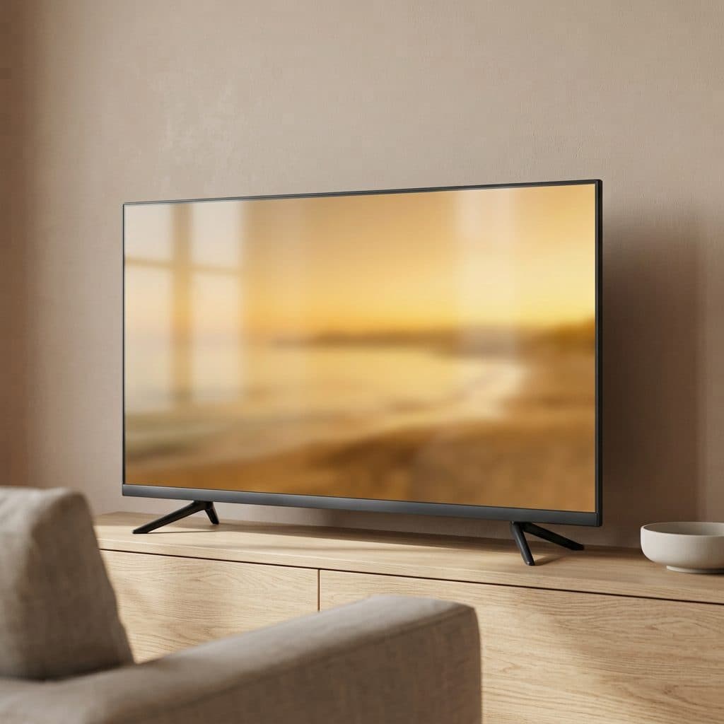 A wide flat-screen television stands at a slight angle on a pale oak sideboard in a warm, sunlit room, its screen filled edge to edge with a soft golden landscape, with an upholstered armchair in the foreground and a plain ceramic bowl to the right.