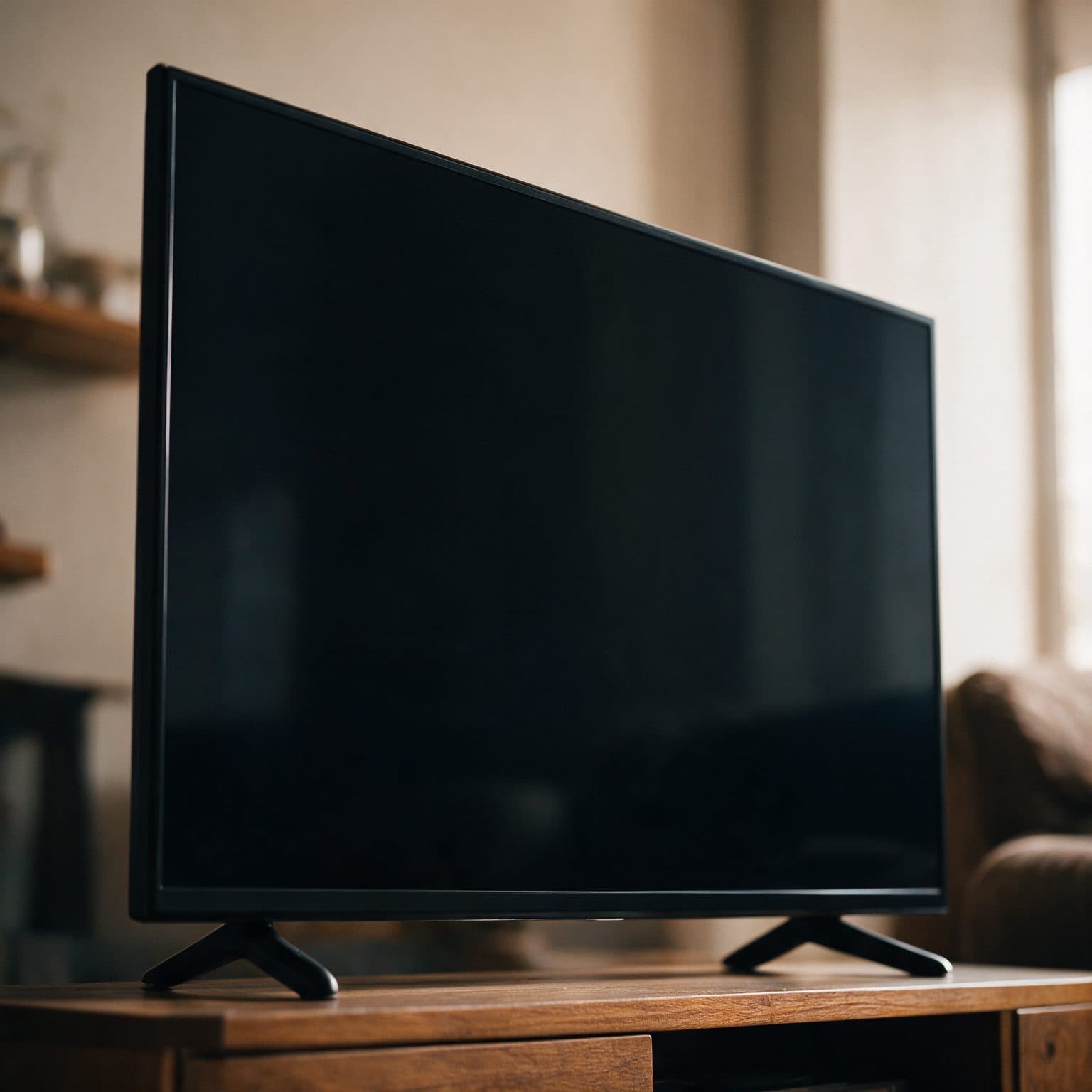 A frameless-bezel television sits at an angle on a wooden console in a warm, softly lit living room, its dark glass screen blank and reflecting ambient light.