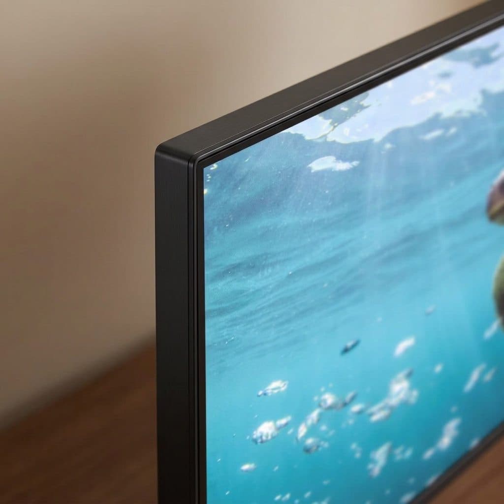 A close-up of the top-left corner of a flat-screen television with a thin black brushed-metal frame, standing on a wooden sideboard in front of a warm beige wall, its screen showing an underwater scene with bubbles and part of a sea turtle.