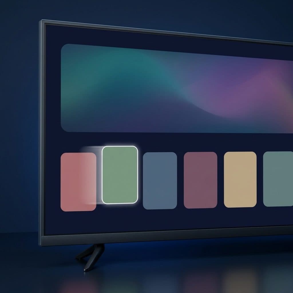 A tight three-quarter close-up of the left part of a black TV's lit navy home screen shows a teal-to-violet gradient panel above a row of six blank muted tiles, the second tile lifted with a soft white outline and a short motion streak, in a navy studio with a reflective floor.