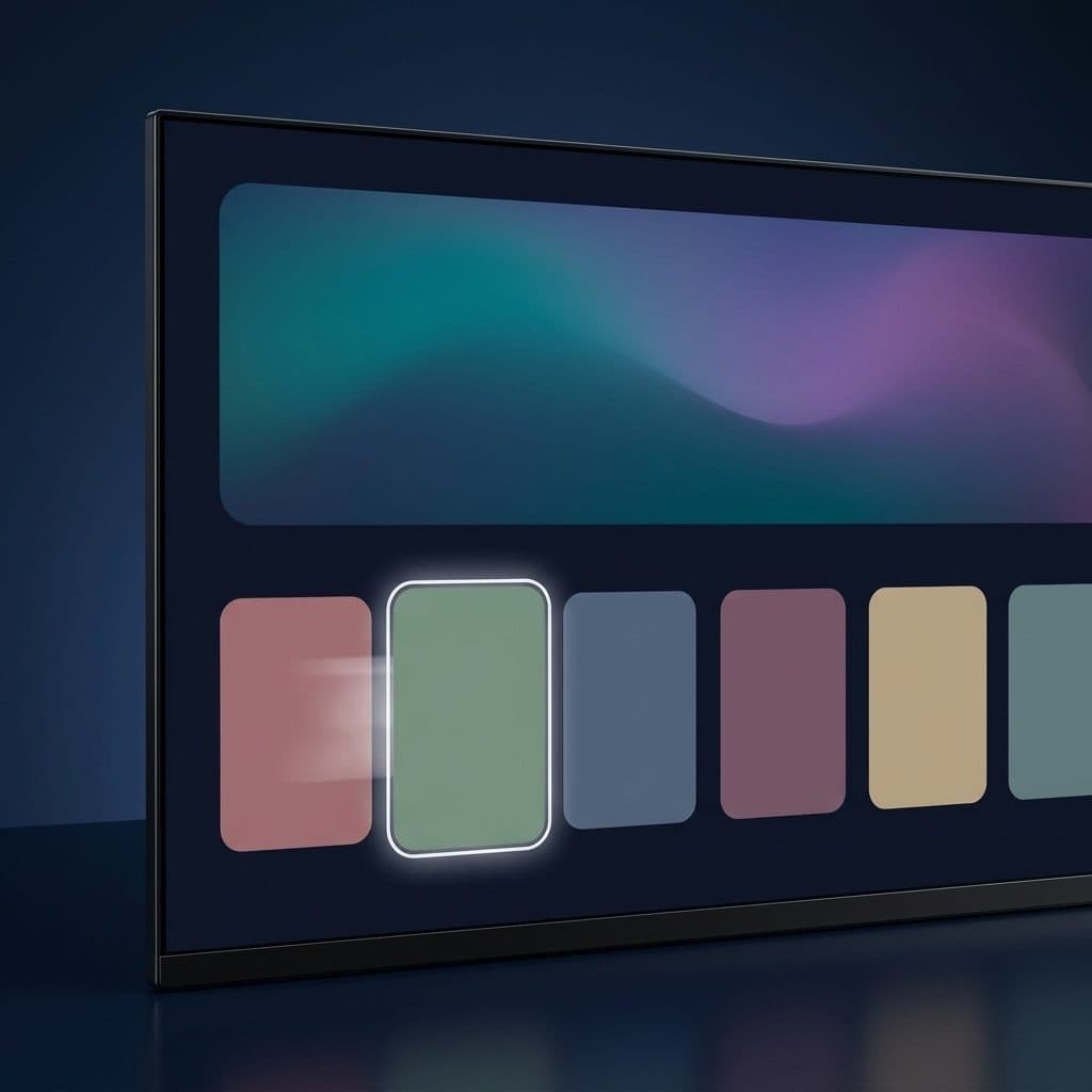 A close three-quarter view of the left part of a thin-bezel black TV in a lit navy studio, its screen showing a teal-to-violet gradient panel above a row of six muted blank tiles, with the green tile outlined in white and a short motion streak behind it.