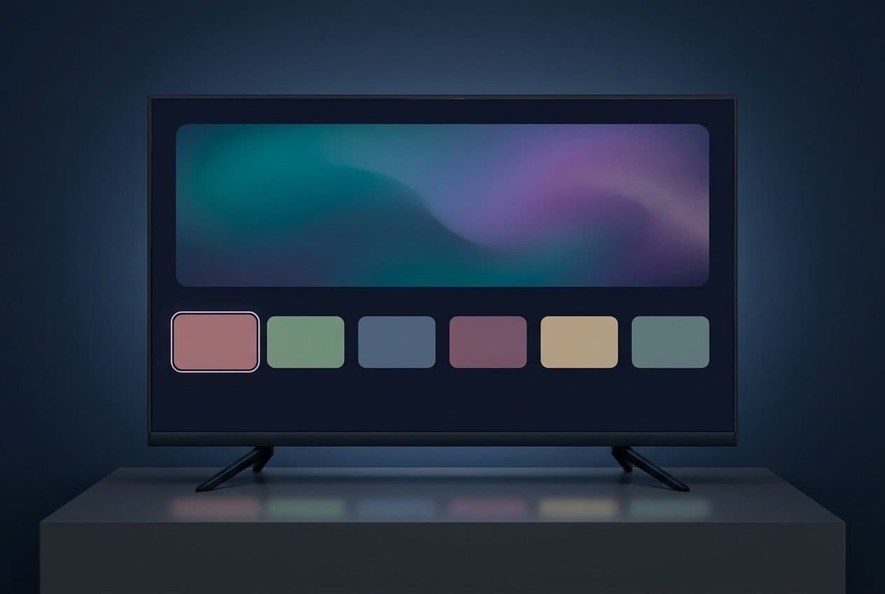 A black TV on two angled blade feet stands on a plain charcoal console against a lit navy back wall, its screen showing a teal-to-violet gradient panel above a row of six blank muted tiles with the first one outlined.