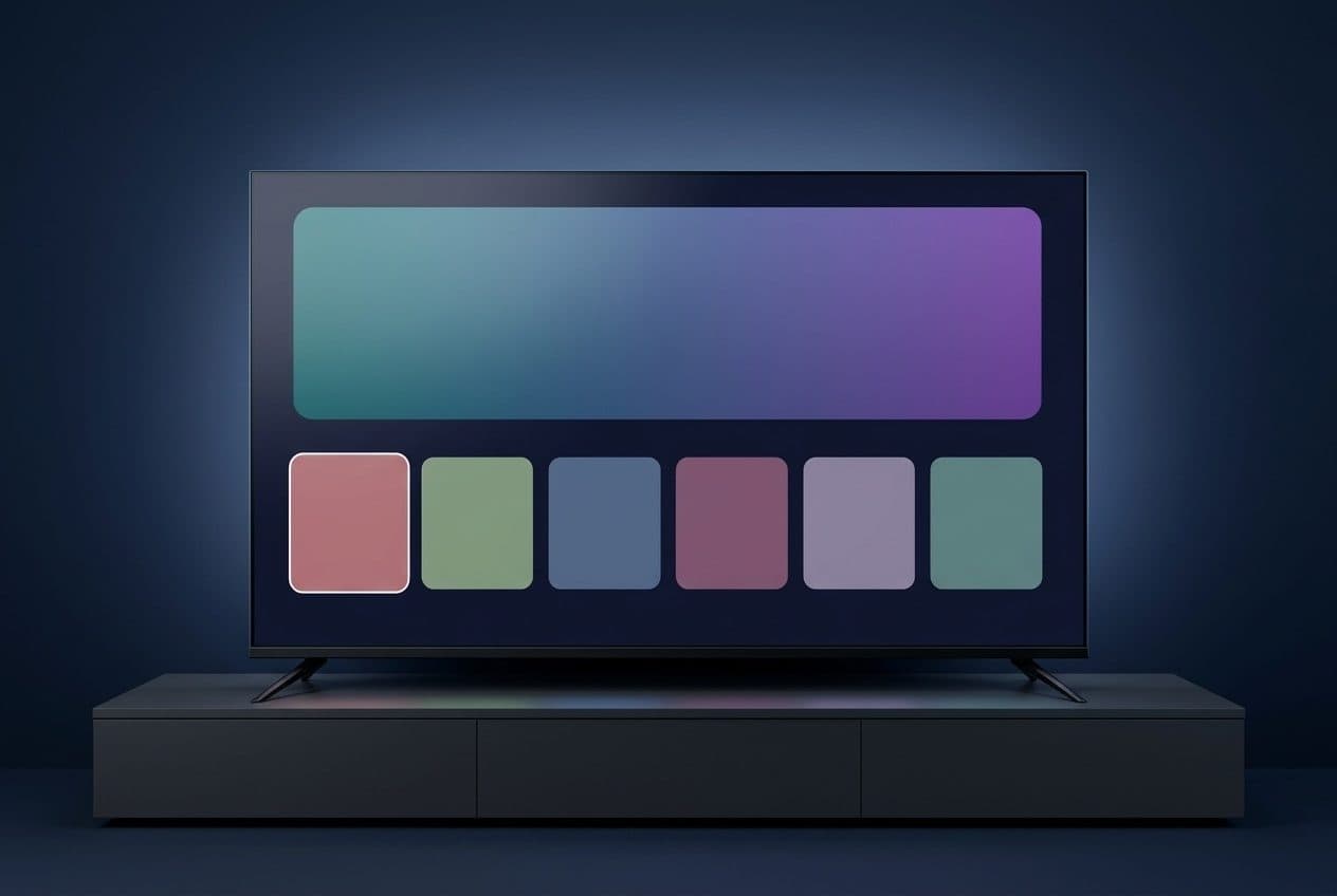 A frameless black TV stands on a low charcoal media console in a lit navy studio, its screen showing a wide teal-to-violet gradient tile above a row of six plain muted colour tiles, the first with a thin white outline.