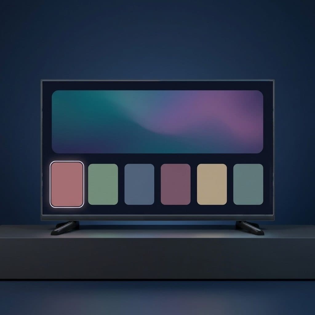 A black-bezelled flat TV on two angled blade feet stands on a dark charcoal slab console against a navy back wall, and its screen shows a wide teal-to-violet gradient tile above a row of six muted colour tiles, the first with a soft white outline.