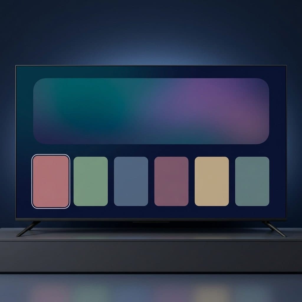 A frameless black TV on two splayed blade feet stands alone on a bare charcoal console in a lit navy studio, its screen showing a teal-to-violet gradient panel above a row of six blank muted tiles.