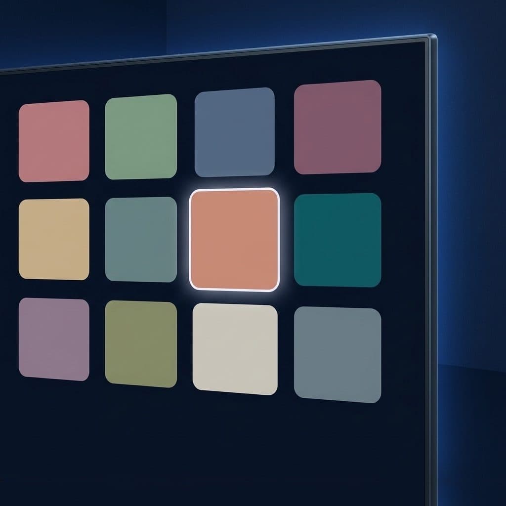 A close three-quarter view of a lit TV screen with its top-right bezel corner shows a 3x4 grid of blank rounded tiles in muted colours on deep navy, one terracotta tile lifted with a soft white outline, against a navy studio wall.