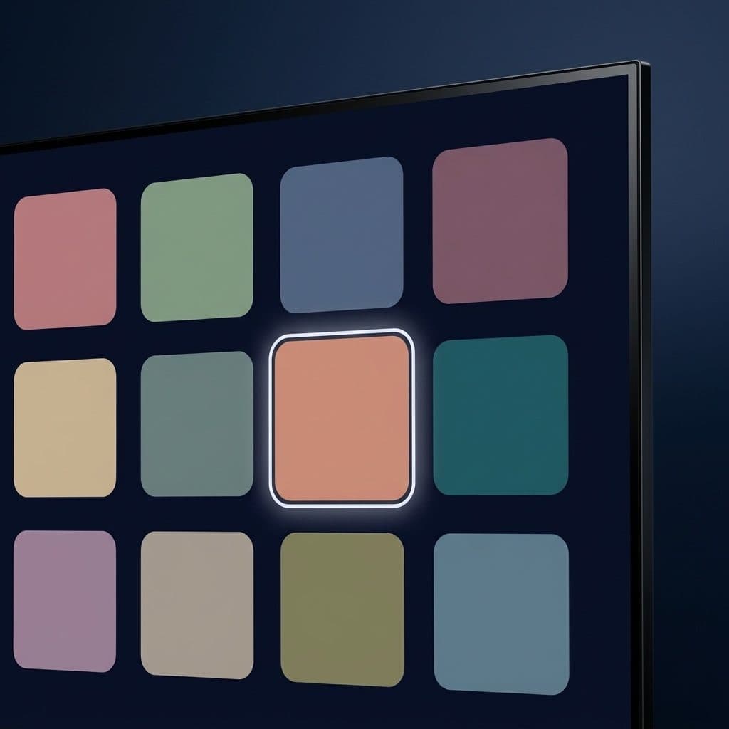 A close three-quarter view of a lit TV screen in a navy studio showing a three-by-four grid of blank rounded tiles in muted colours, one terracotta tile outlined in white, with the thin black top-right bezel corner visible.