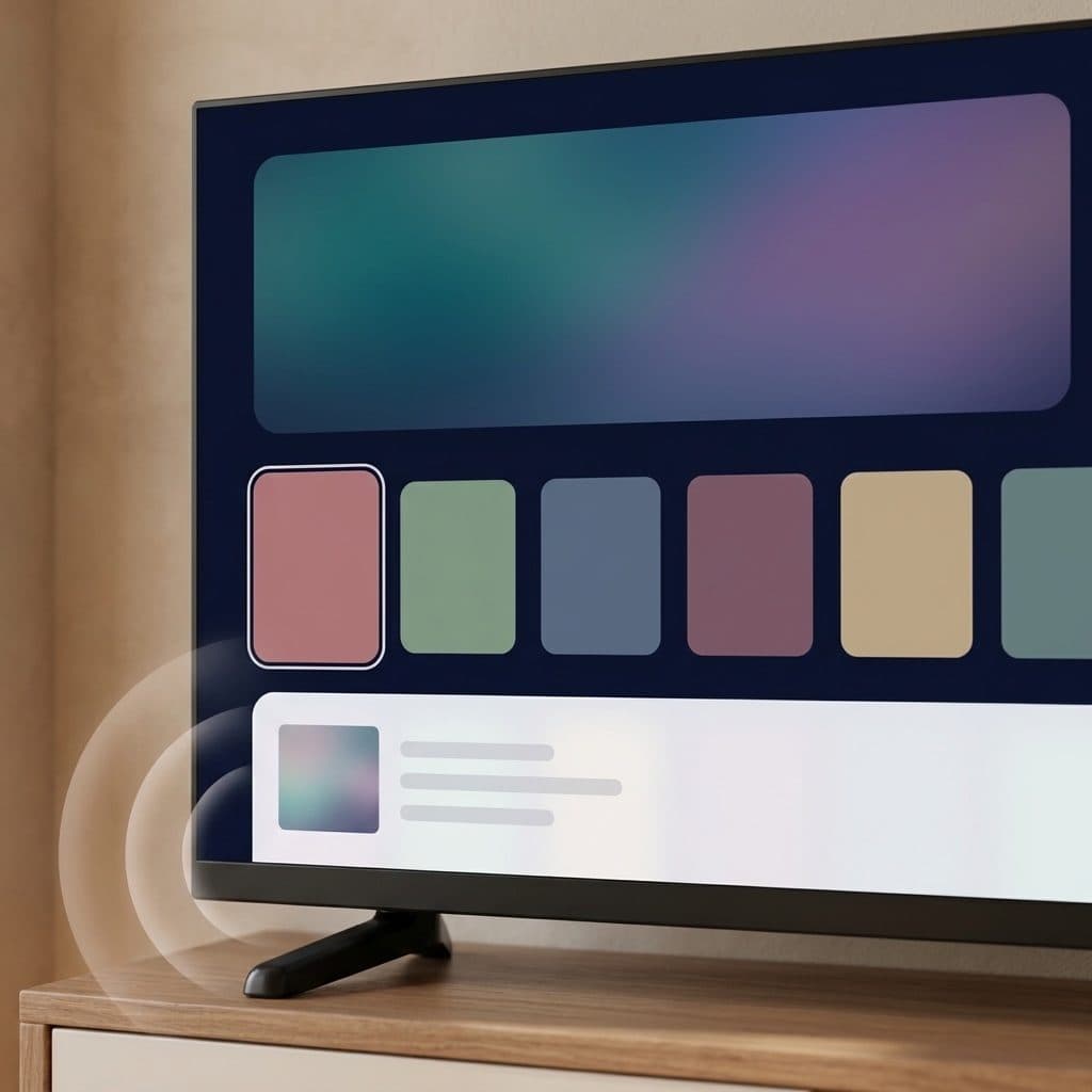 A close three-quarter view of the lower-left of a lit black-framed TV on a wooden sideboard in front of a warm beige wall, its dim navy home screen showing a soft teal-to-purple banner and a row of muted plain colour tiles, with a white answer card holding a soft image block and three grey bars rising from the bottom and translucent white sound-wave rings arriving at the left of the chin.