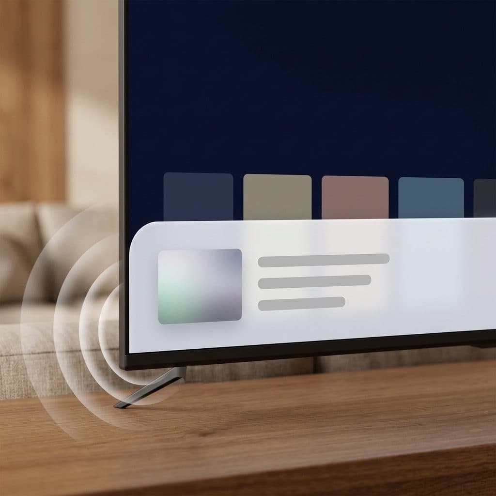 A close three-quarter view of the lower left of a lit TV in a warm living room shows a white rounded answer card with a soft gradient image block and three grey bars rising over a navy home screen of muted tiles, with faint white sound-wave rings reaching the plain black chin and blade foot on a wooden console.