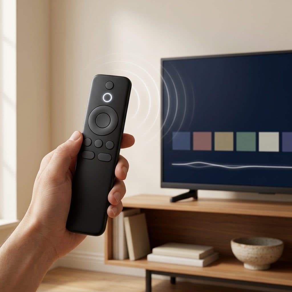 A hand holds a slim matte-black remote with blank keys and a white lit ring on its voice key, and soft white sound-wave rings travel to a dark-bezel TV on a wooden media unit in a warm room, its screen showing a row of muted tiles and a white waveform line.