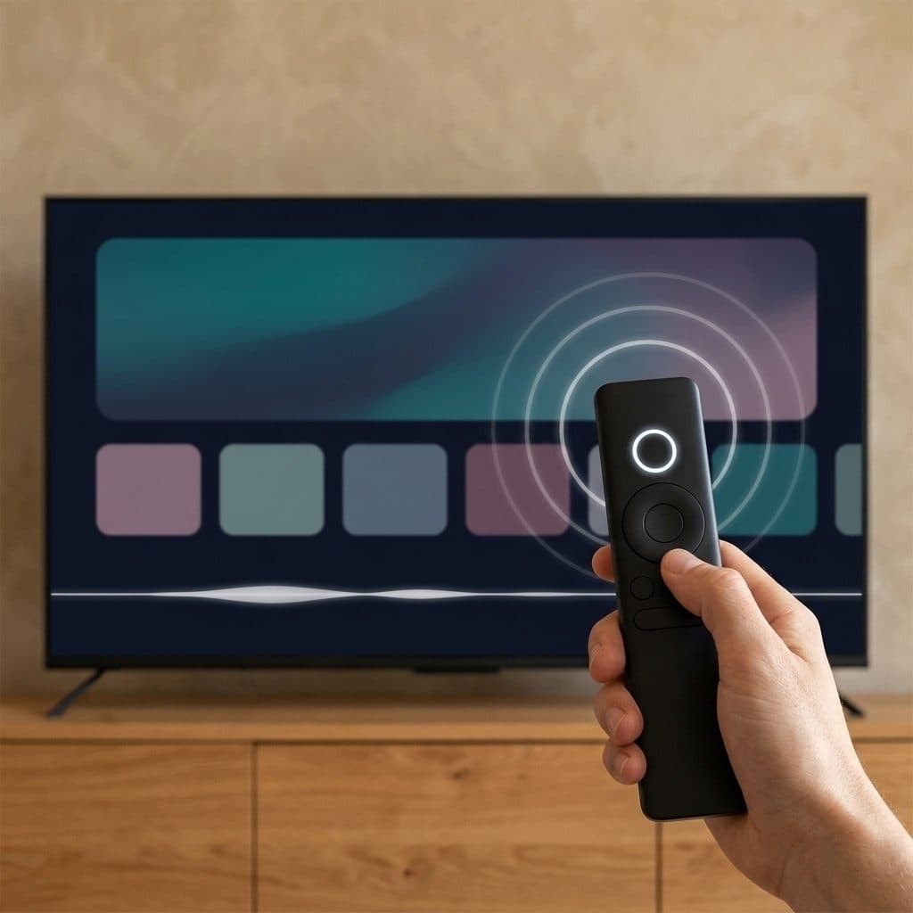 A hand holds up a slim black remote with a softly lit white ring key while faint sound rings spread toward a blurred frameless TV on a wooden media unit in a warm room, its screen showing plain muted tiles and a thin white listening line.