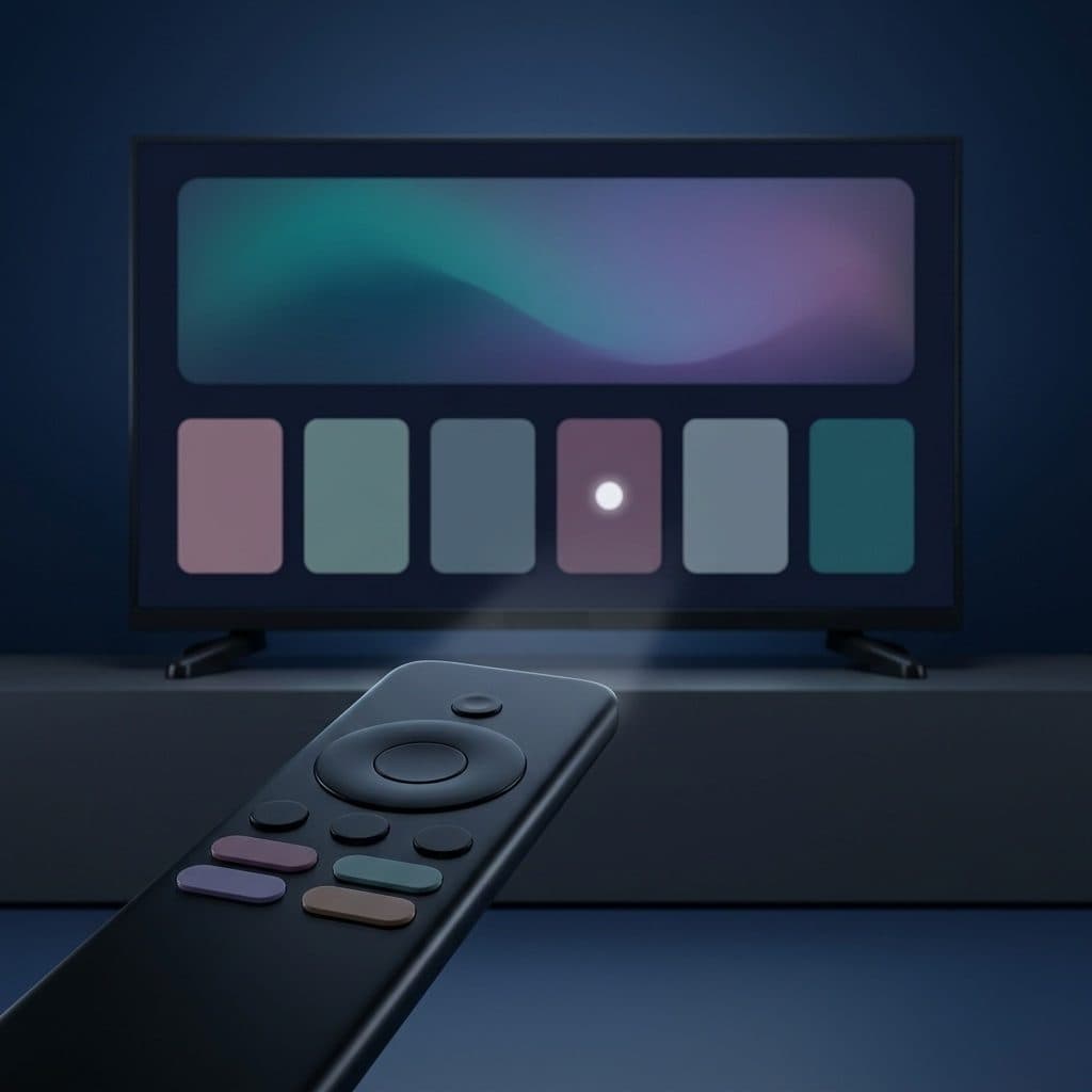 A slim black pointer remote with four blank muted mauve, teal, violet and brown keys lies on a charcoal console in a navy studio, a faint light path running from its tip to a round white cursor over a row of plain muted tiles on a black TV behind it.