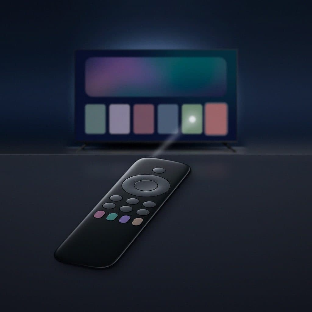 A slim matte-black remote with a row of four muted-colour keys rests on a dark surface and points toward a softly blurred TV showing a row of colour tiles, where a round white cursor glows.