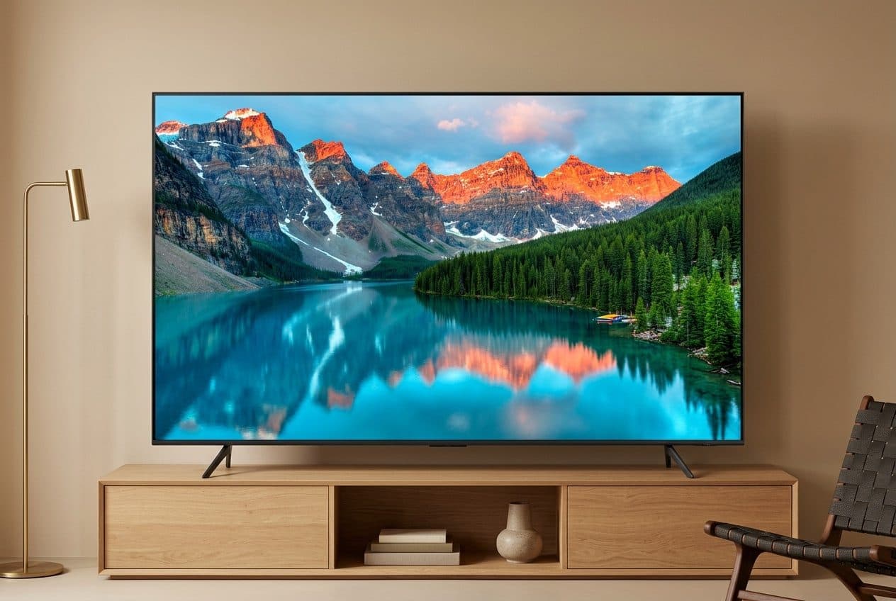 A black-bezel 100-inch TV with a vivid mountain-lake picture stands on two blade feet on a long oak console against a warm beige wall, with a brass floor lamp on the left and a woven-leather chair at the right edge.