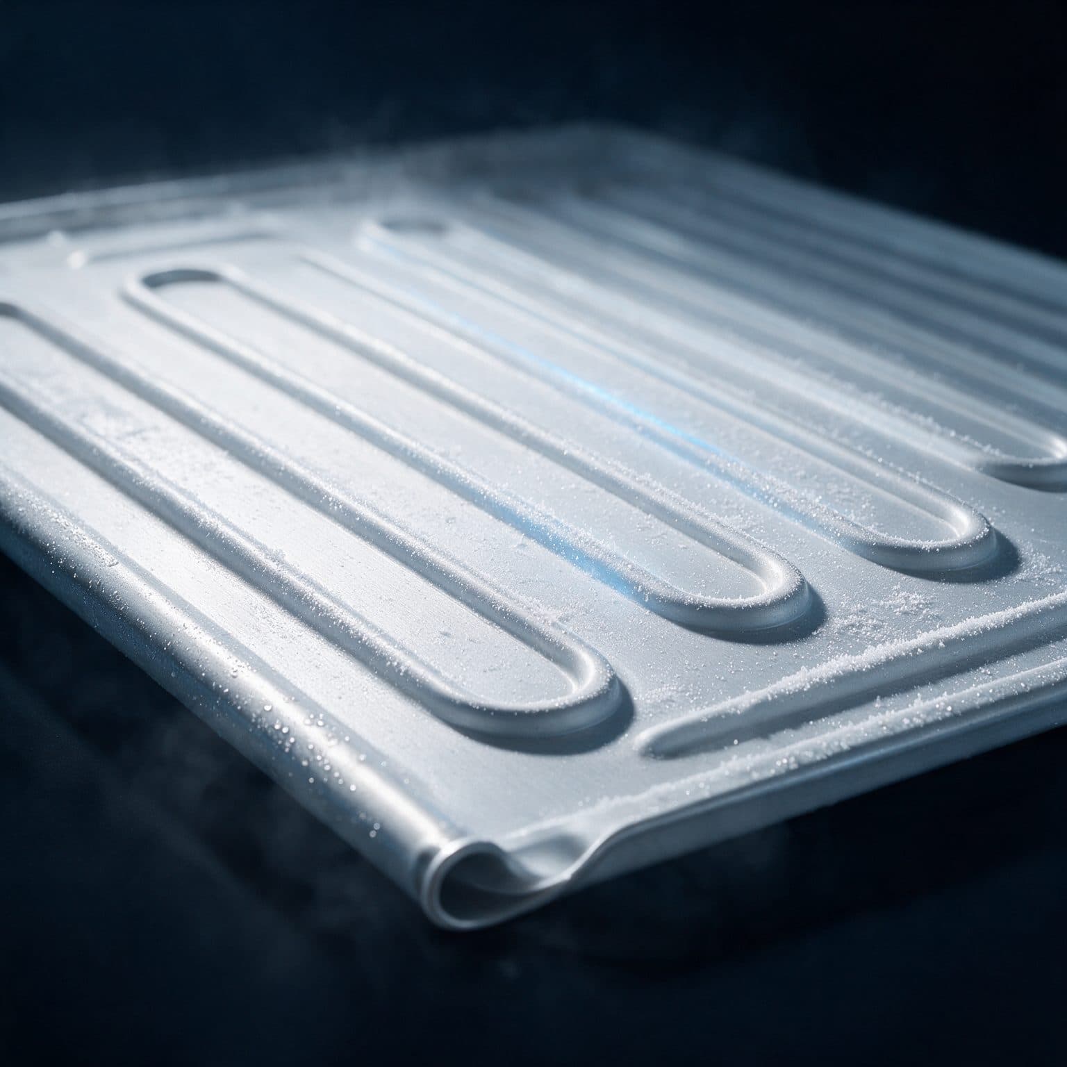 A flat metal plate with pressed serpentine tube channels lies at an angle on a near-black ground, its surface covered in fine frost with cold vapour drifting across it.