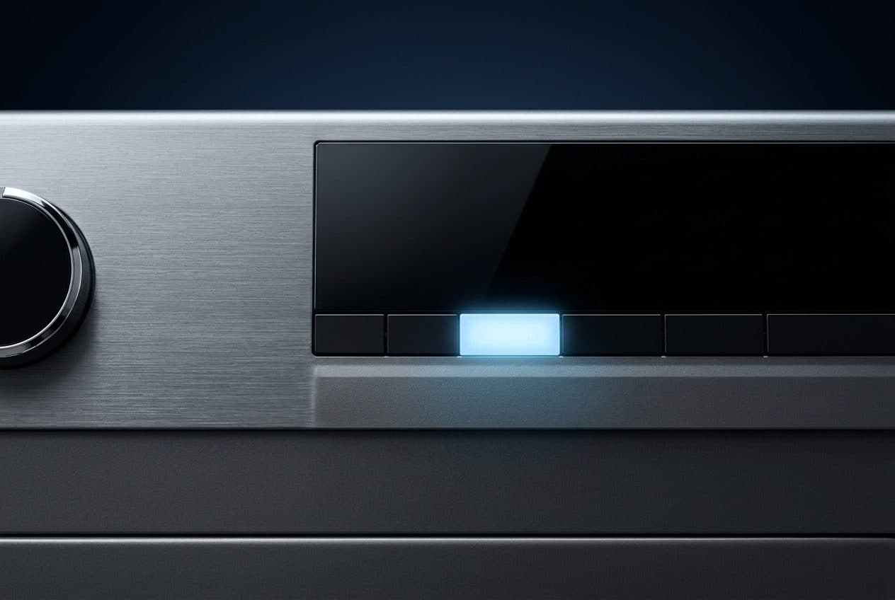 A straight-on macro of a dark-silver washing machine's black display and key row shows one glowing blue key at the centre, with a chrome-ringed dial edge at left against a navy rim-lit background.