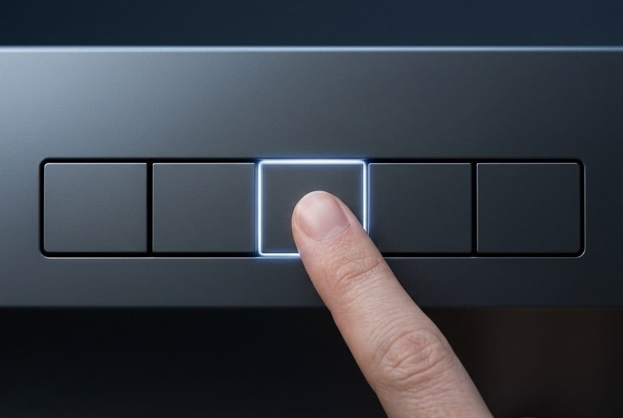 A close-up of a graphite control fascia with a row of five blank square keys, the middle key outlined in white light and a single fingertip pressing it.