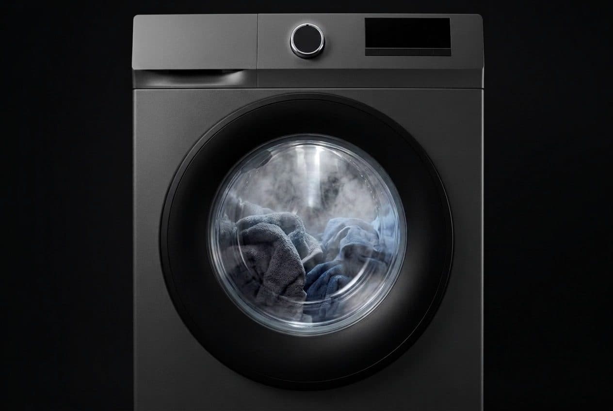 A dark graphite front-loading washing machine on a black background, its round glass door showing grey and blue towels inside the drum, surrounded by white steam.