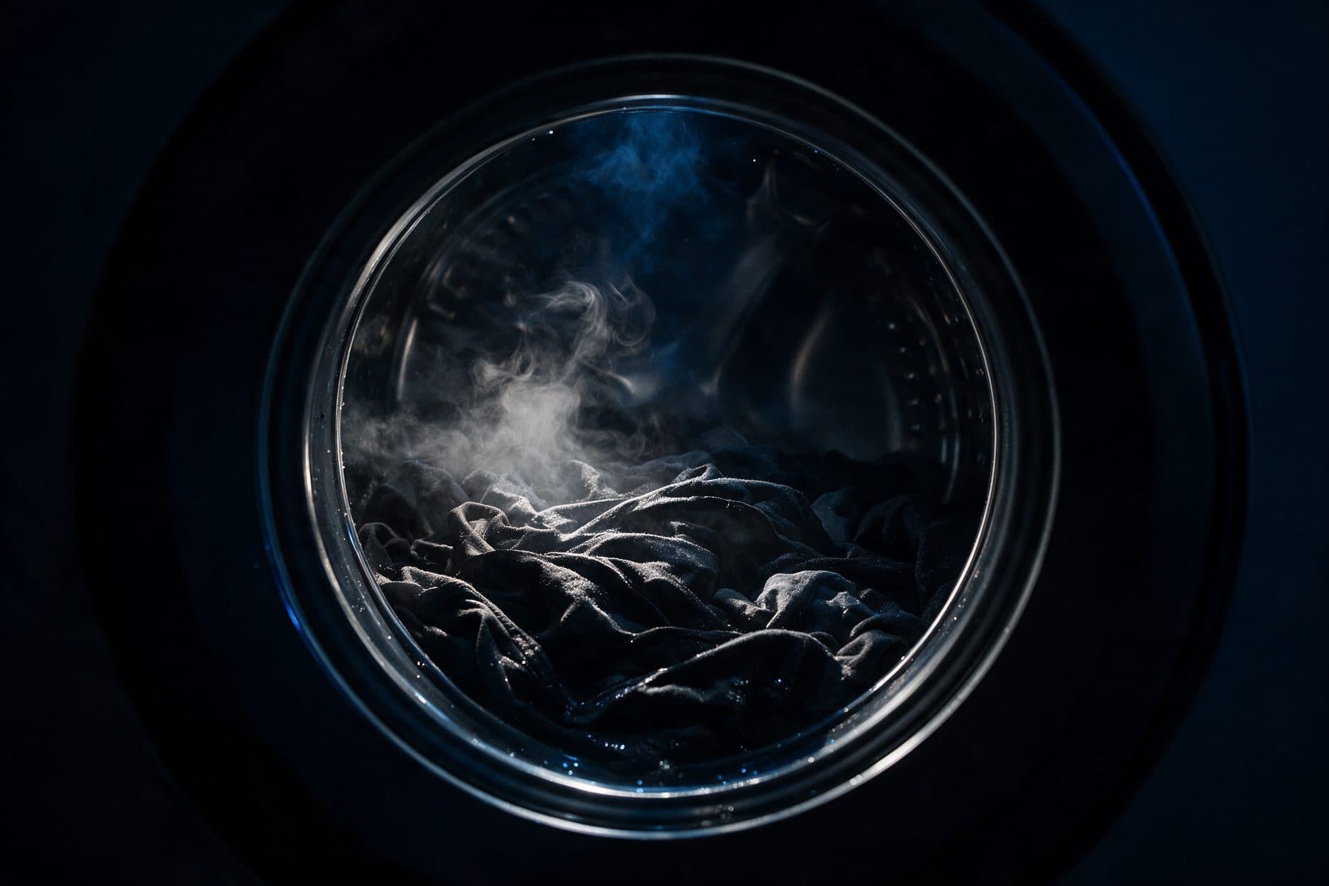 A washing machine drum glass is lit from within, showing wisps of white and blue-tinted steam rising above a pile of dark fabric, framed by the dark door glass against a near-black background.
