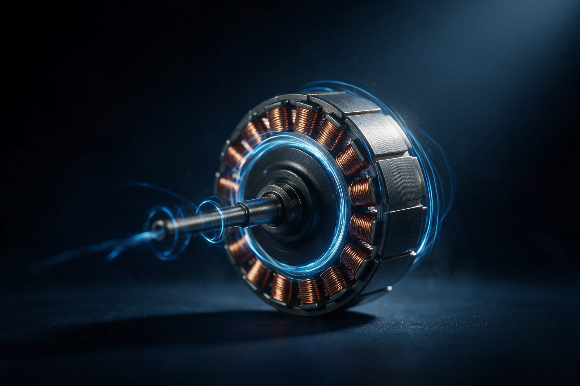 A cutaway BLDC inverter motor rotor sits against a near-black background with blue light-trail rings swirling around its shaft and copper-wound stator, a soft rim light catching the metallic housing.
