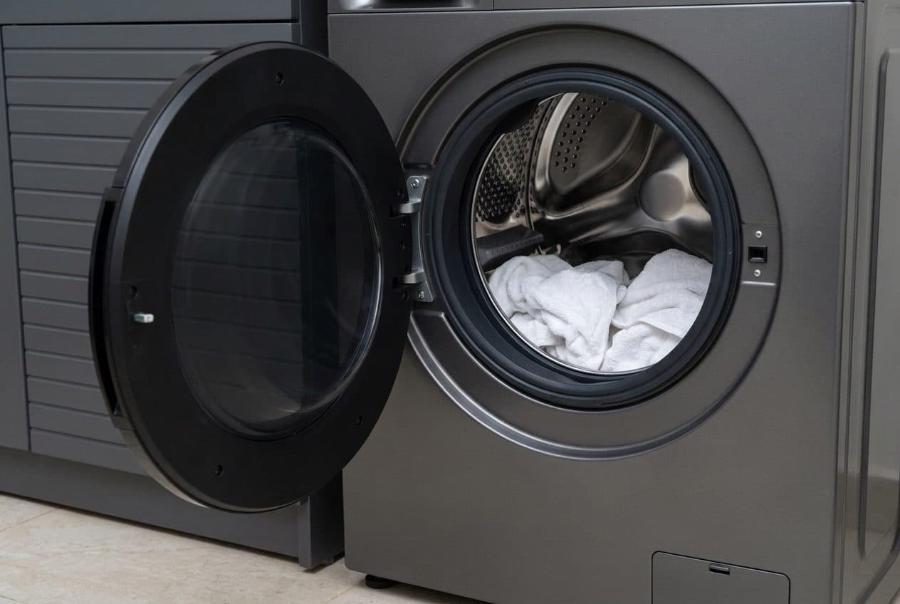 A dark grey front-loading washing machine stands with its round black glass door swung wide open to the left, showing a dark rubber seal round the opening and white towels inside the stainless steel drum, next to grey louvred cabinetry on a pale tiled floor.