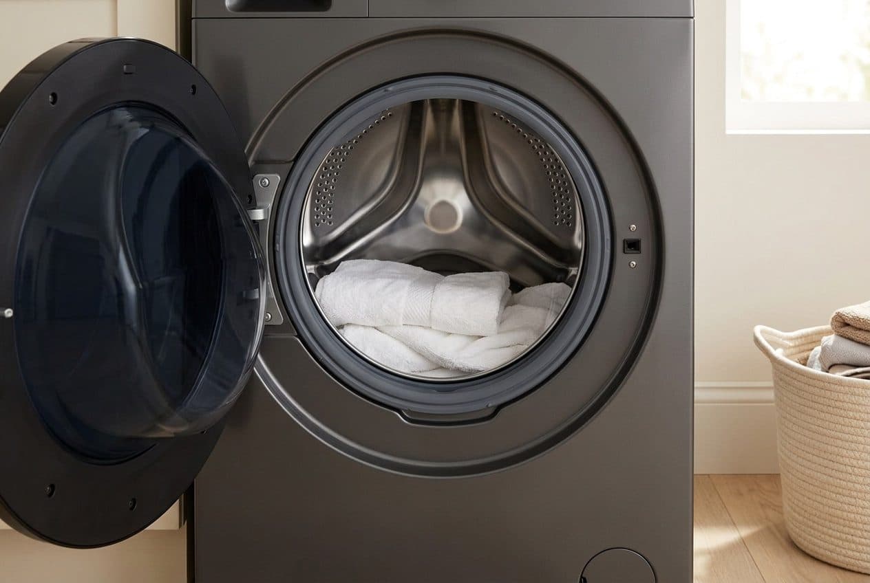 A graphite-grey front-load washer stands in a warm cream laundry room with its black-rimmed, tinted glass door swung open to the left, showing a thick grey rubber seal around a stainless drum holding folded white towels, and a woven basket of towels on the right.