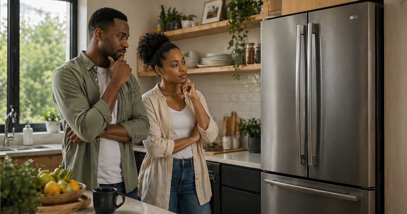 A couple considering a new refrigerator in their kitchen