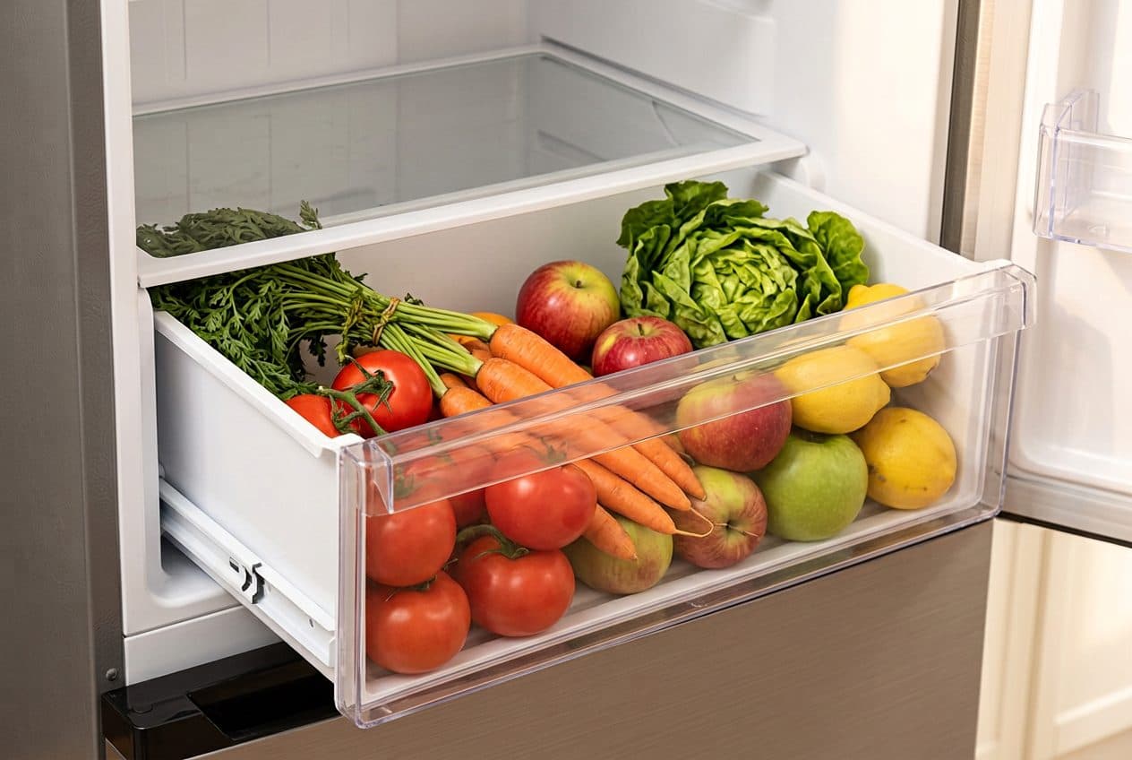 A single full-width crisper drawer, pulled open, overflows with fresh produce under a warm kitchen glow.